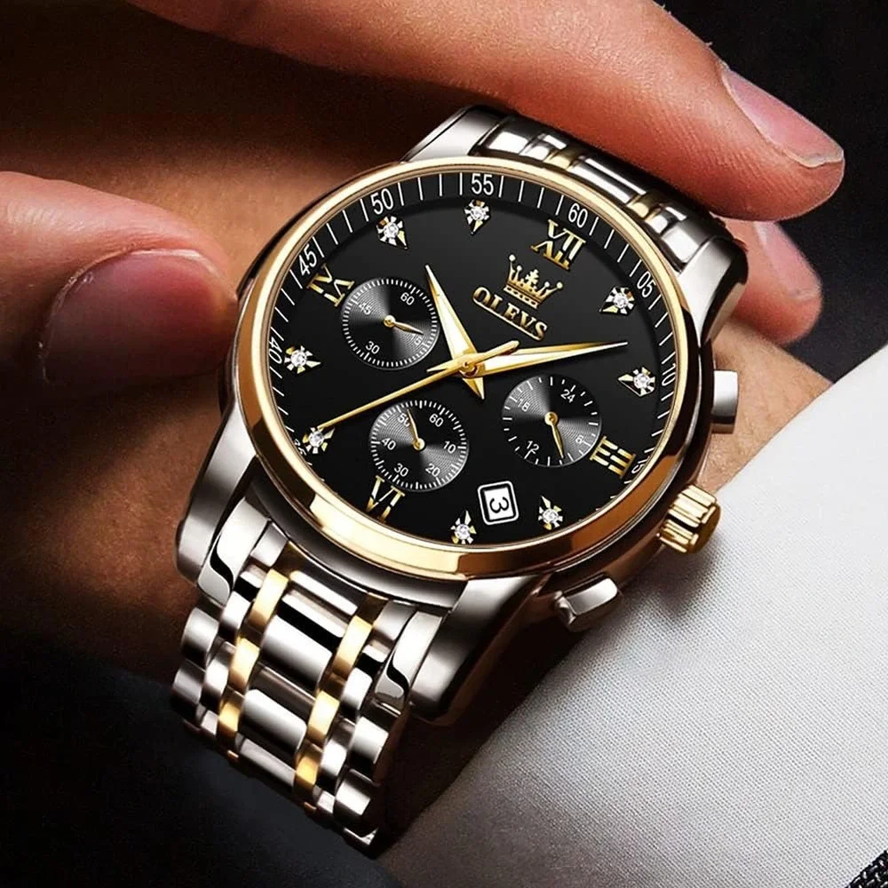 OLEVS Chronograph Watch Two Tone Silver Gold Black Dial Luxury 2858G New